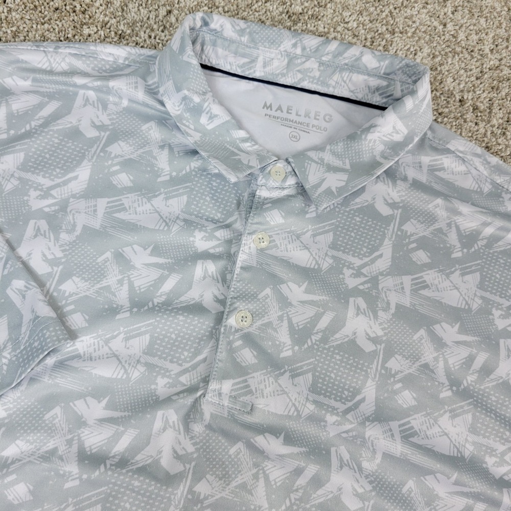 Maelreg Mens 3XL Gray White AOP Geometric Performance Stretch Polo SS